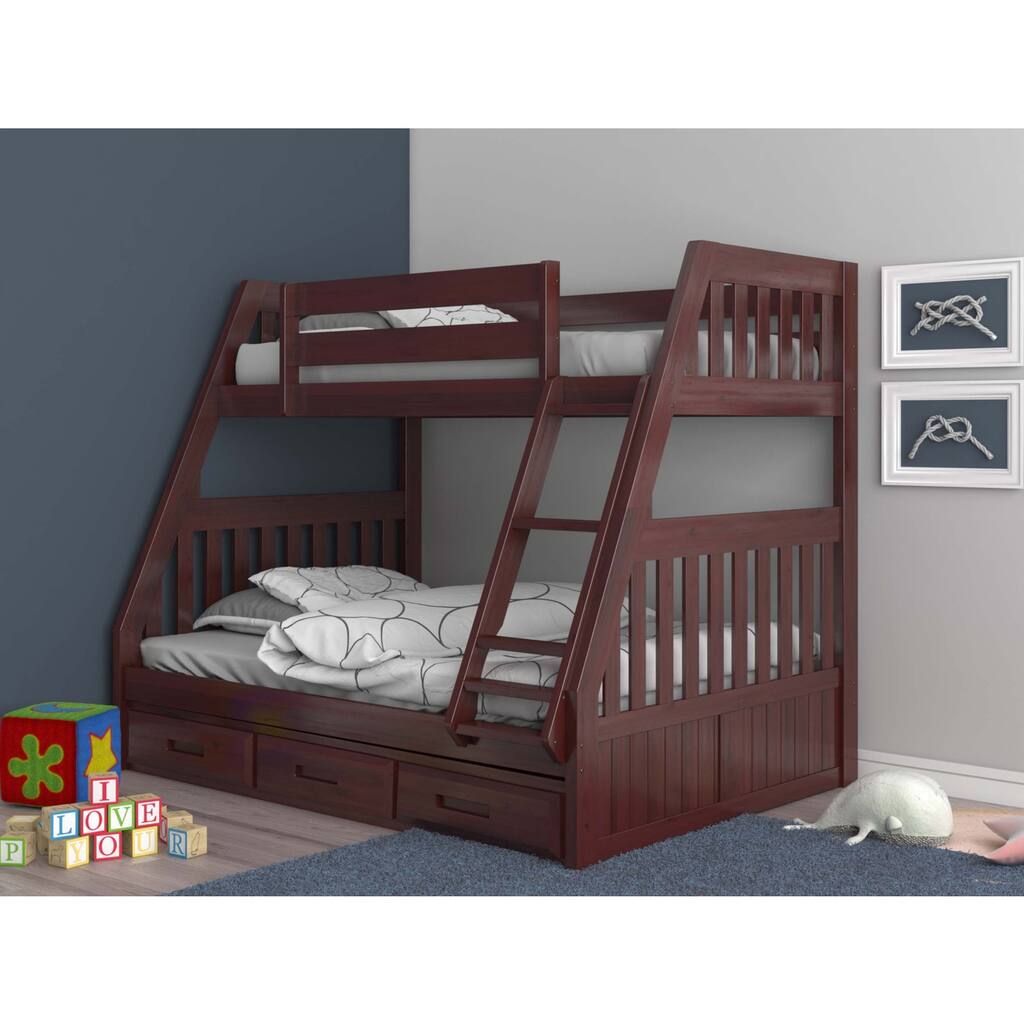 Twin Over Full Bunk Bed with Storage - Solid Pine Wood Frame - Merlot Finish - HomeStock