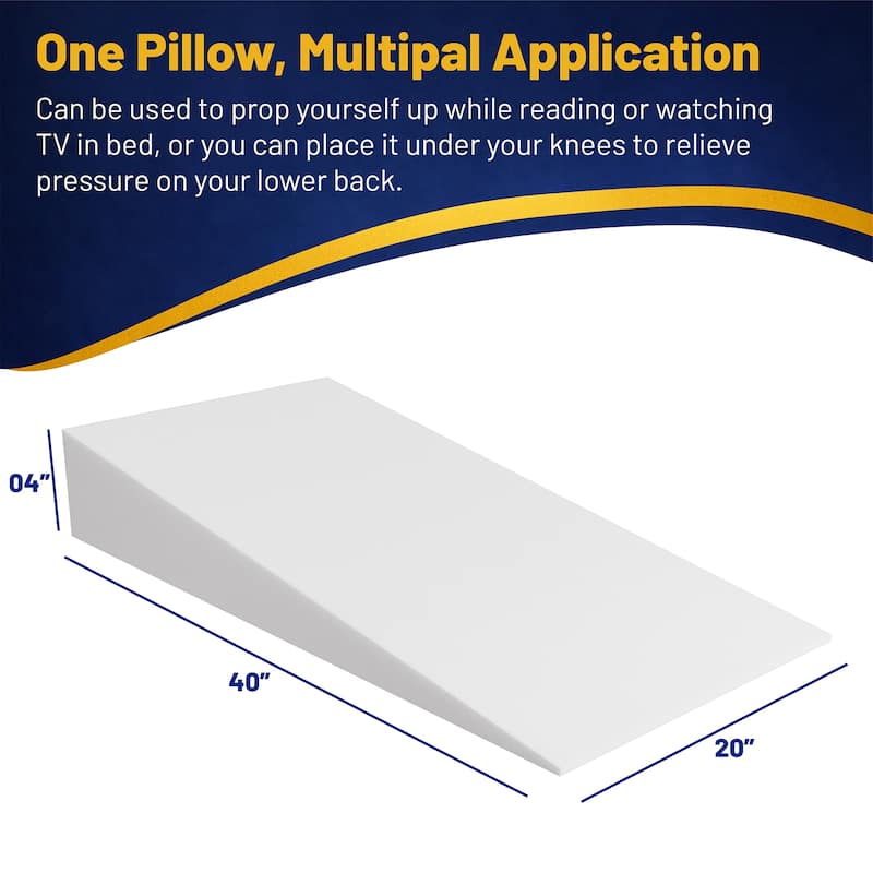 Extra Wide Bed Wedge Pillow | Body Support Sponge | Tringle Incline Cushion to Elevate Upper Body, 40 x 20 x 4 - White