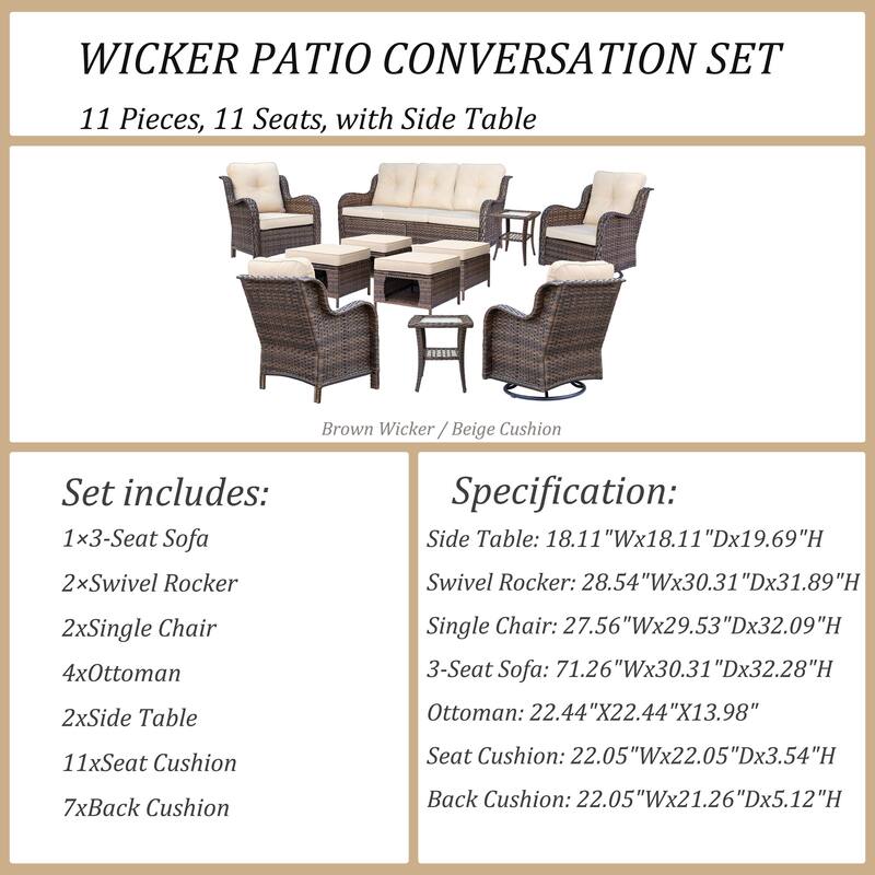 11 Piece Outdoor Brown Wicker Patio Conversation Sets with Swivel Chair