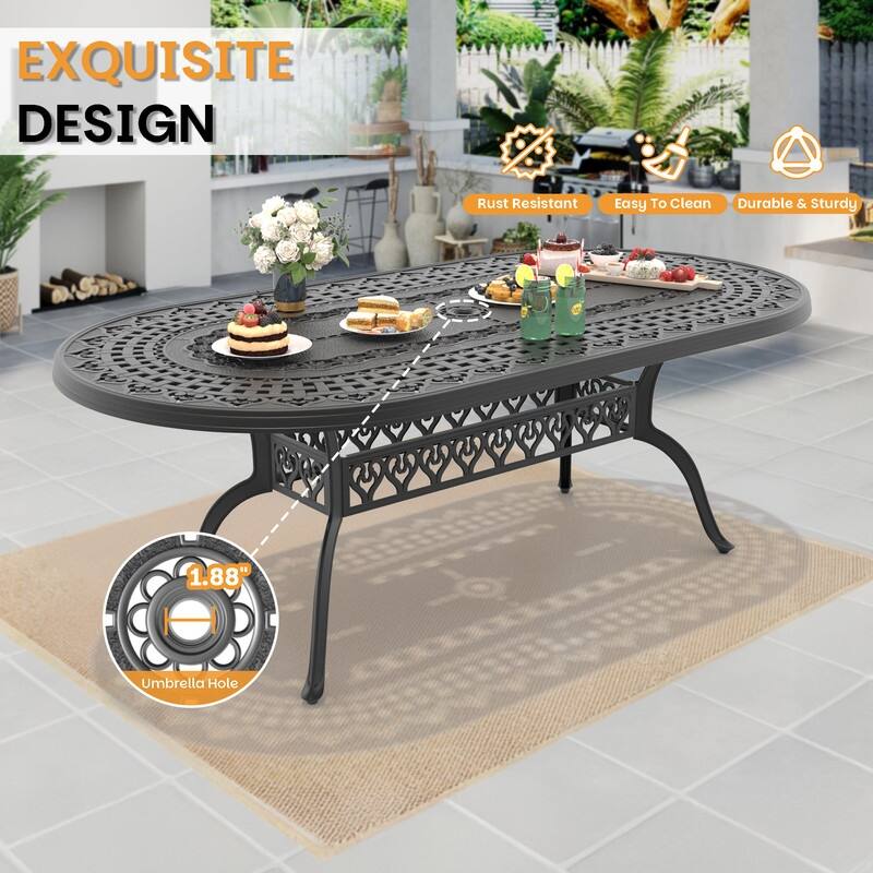 Outdoor Patio Oval Cast Aluminum Dining Table with Umbrella Hole for 8 Person