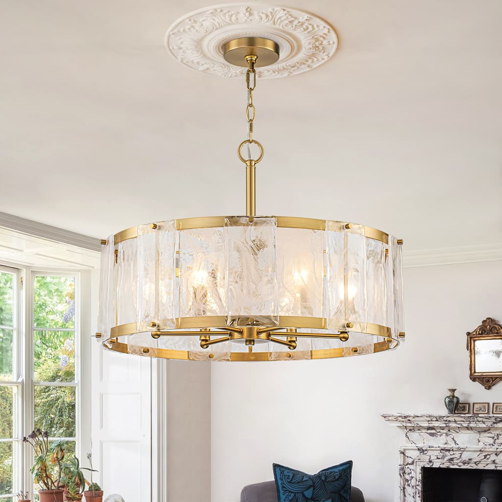 6-Light Gold Drum Glass Chandelier for Living/Dining Room