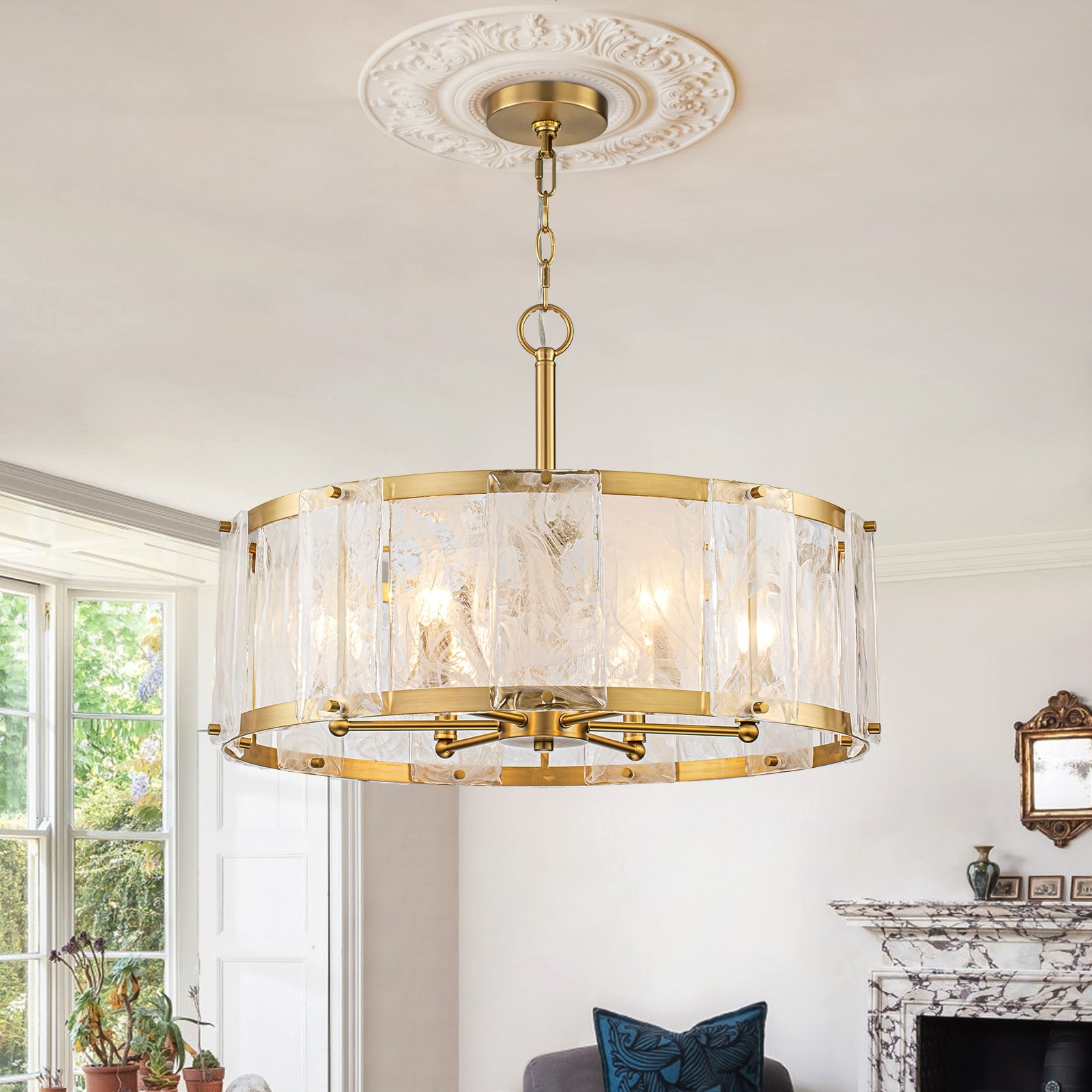 6-Light Gold Drum Glass Chandelier for Living/Dining Room