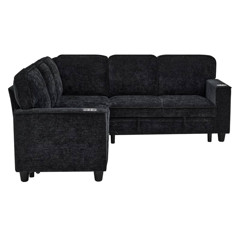 L-Shaped Sectional Sofa with Pull Out Sofa Bed, Convertible Sleeper Sofa Bed with Storage & USB Ports, Large Corner 5 Seat Sofa