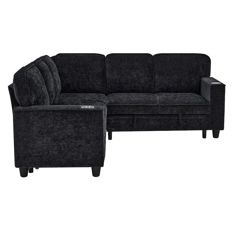 Modern Chenille L-Shaped 5-Seat Sectional Sofa Bed with Storage, USB Ports and Cup Holders for Living Room