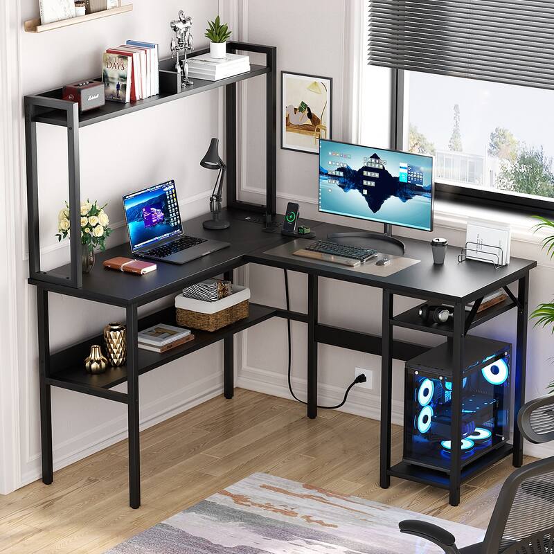 Modern Farmhouse L Shaped Computer Desk with Hutch and Storage Shelves, Corner Gaming Table with LED Lights