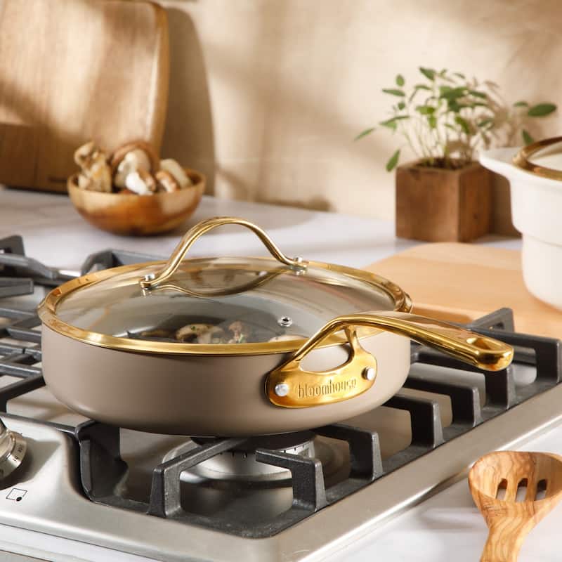 Bloomhouse Pots and Pans Heavy Duty Aluminum Premium PFA Free Ceramic Nonstick - Cappucino Cream with Gold Handle