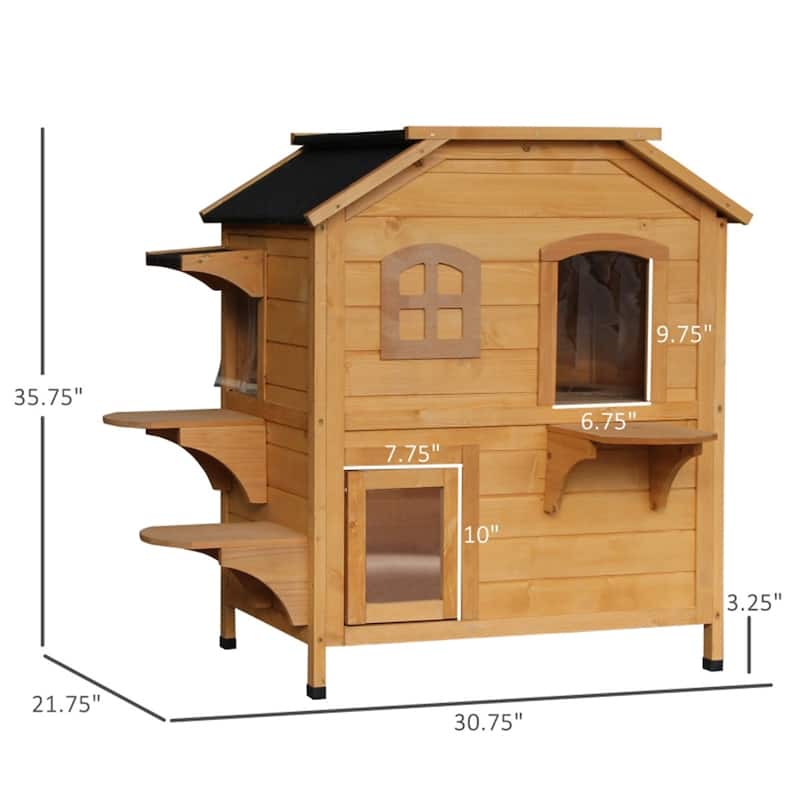 Wooden Cat House with Multi-Level Design, Waterproof Roof, and Fun Entrances for Indoor/Outdoor Use