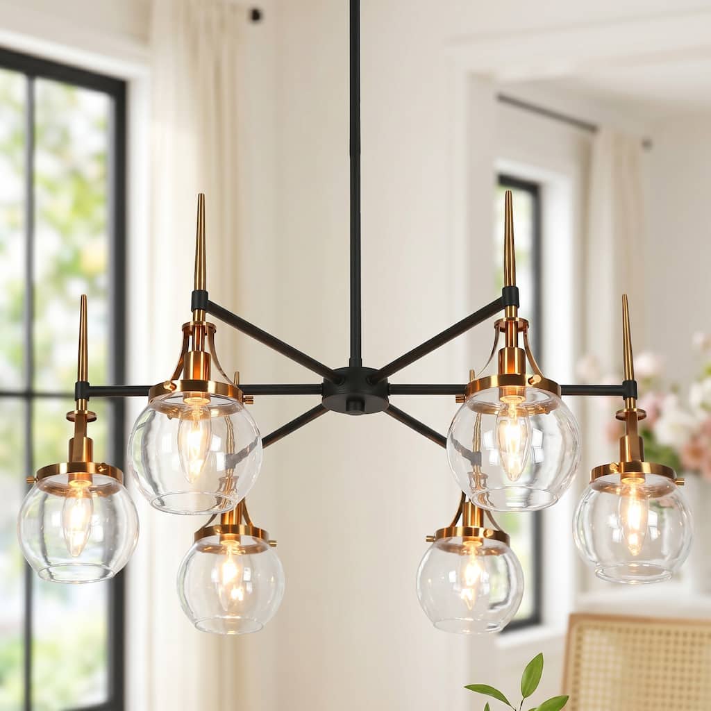 Beta Modern 6-Light Black Gold Glass Wheel Chandelier for Dining Living Room - 27.6'' Dia. x 12.6'' H