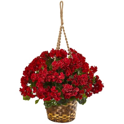 Nearly Natural 19" Geranium Hanging Basket Artificial Plant UV Resistant (Indoor/Outdoor) - Red