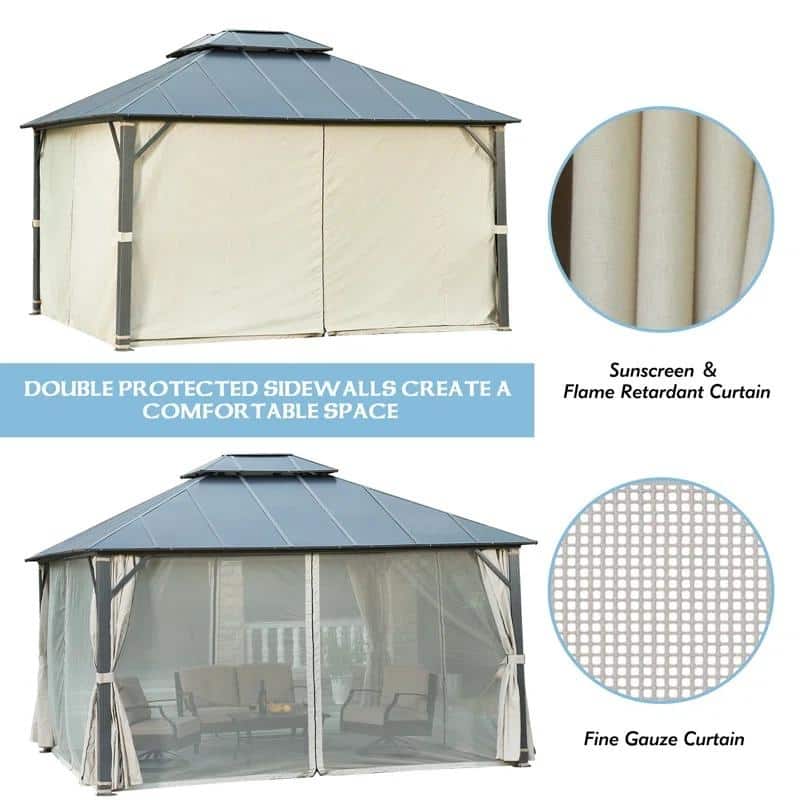 EROMMY Hardtop Gazebo, Waterproof Aluminum Pavilion with Netting & Curtains for Patio, Garden