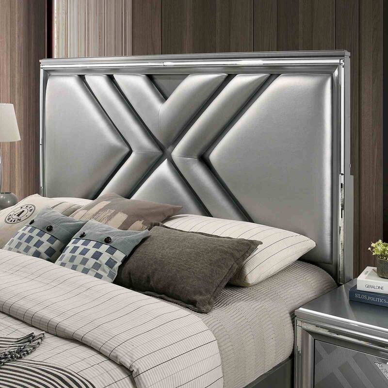 Modern Silver Finish 1PC LED Footboard Drawers Bed