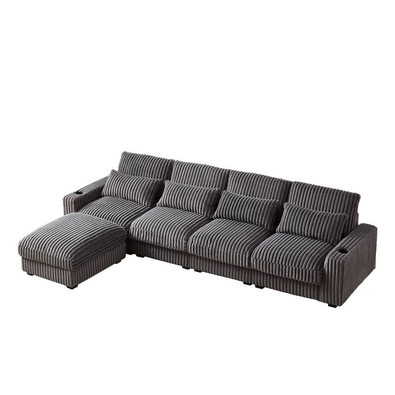 Modern 126-inch Corduroy Sofa with 4 Cushions, Movable Footrest, USB Ports, and Cup Holders