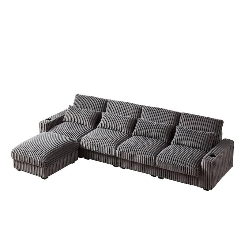 Super Large 126-Inch Corduroy L-Shaped Sofa with Cup Holders, USB Port, Movable Footrest, and 8 Cushions.
