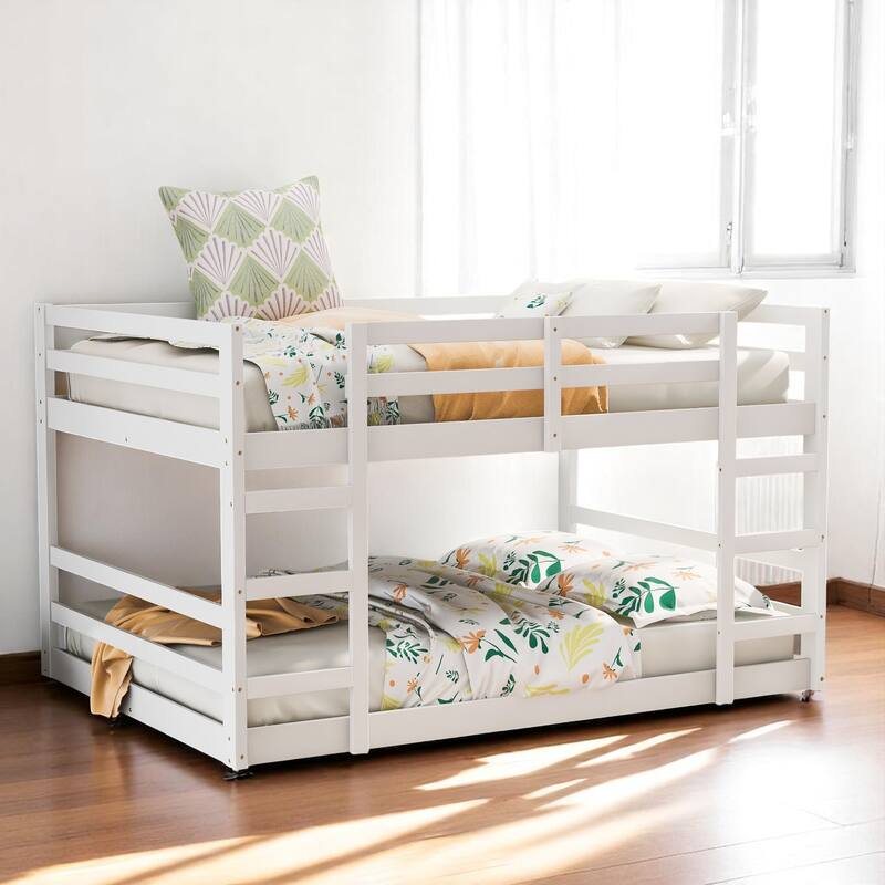 Full Over Full Bunk Bed with Ladder and Guardrails, Solid Wood Frame, No Box Spring Required