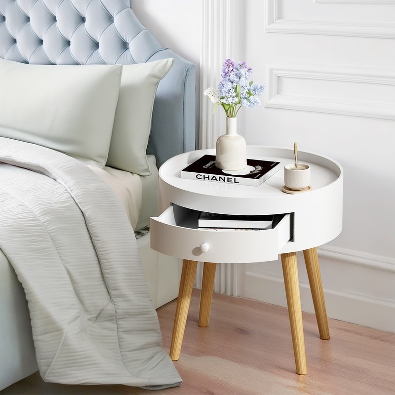 18"H Nightstand with Drawer and Oak Legs, Bedside Table for Bedroom, Living Room