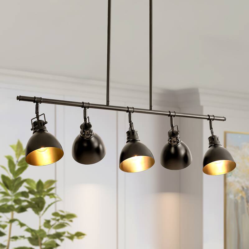 5-Light Industrial Modern Black Linear Pot Lid Pendant Kitchen Island Lighting/ Adjustable Tracking Light