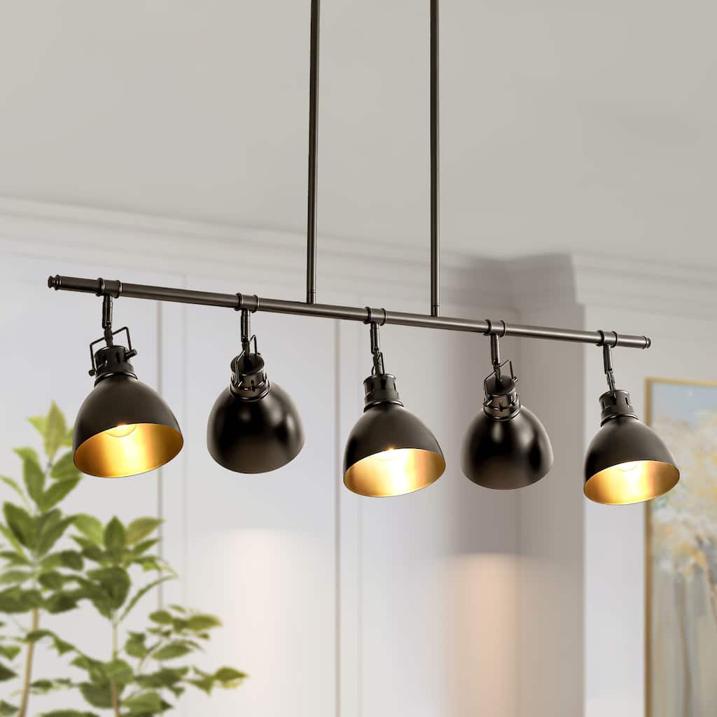 5-Light Industrial Modern Black Linear Pot Lid Pendant Kitchen Island Lighting/ Adjustable Tracking Light
