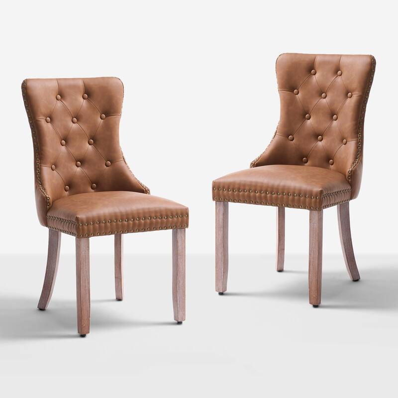 Faux Leather Dining Chairs with Nailhead Trim and Button Tufted Back (Set of 2). - Brown