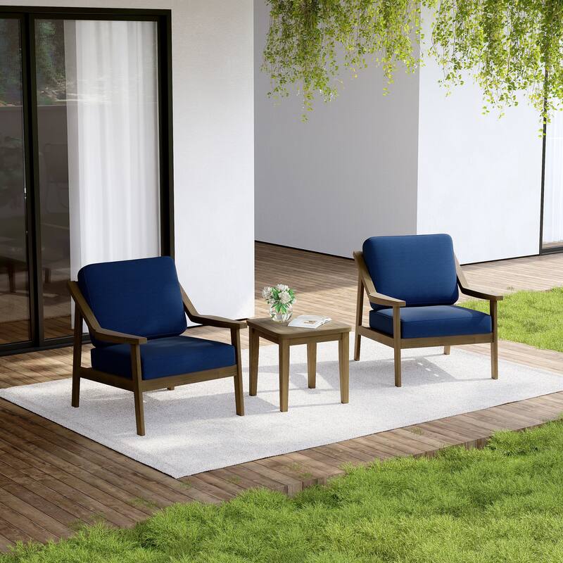 Outdoor Wood Cushioned Patio Set of 2 Accent Chair with Side Table
