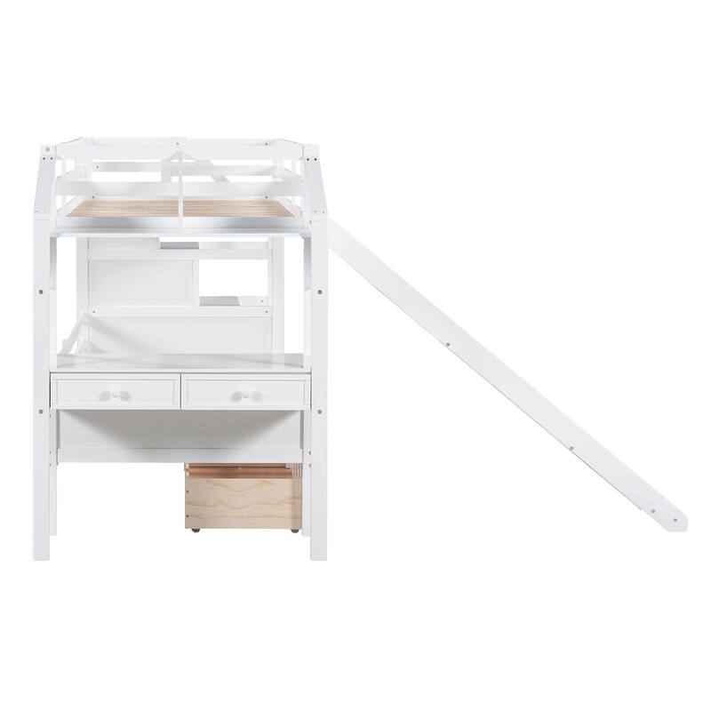 Twin Over Twin Bunk Bed With Storage Staircase, Slide And Drawers, Desk With Drawers And Shelves