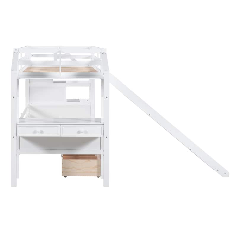 Wooden Bunk Bed w/Desk, Twin Over Twin Bed Frame w/Drawers Slide