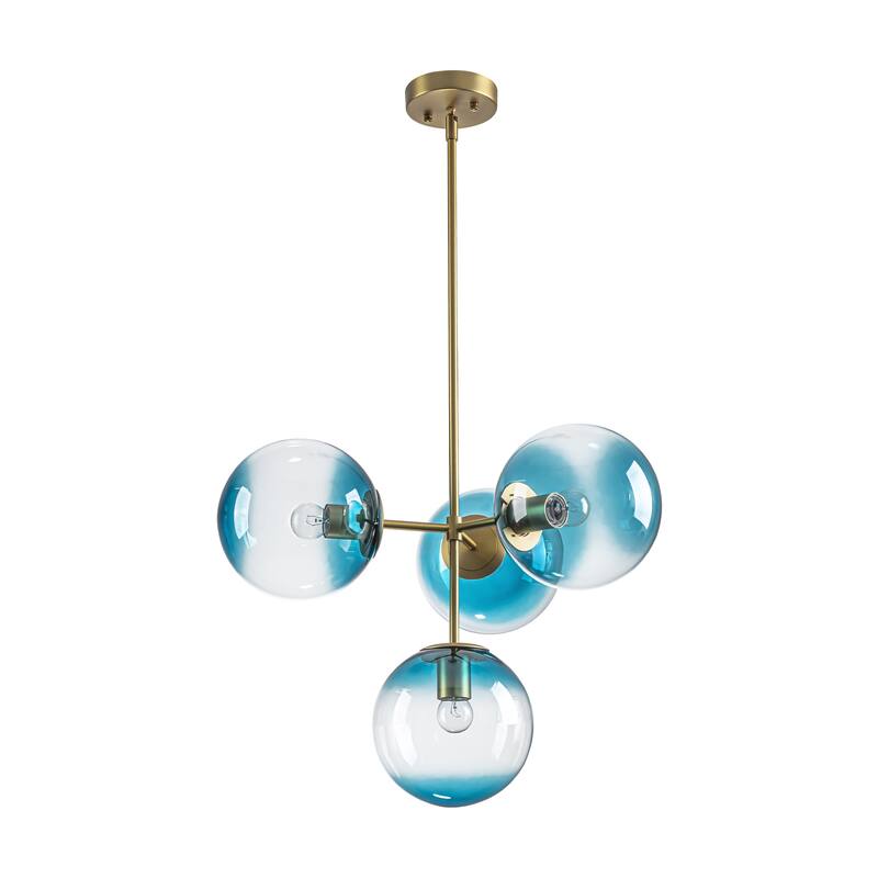 4-Light Modern Tiered Linear Sputnik Pendant Light in Brushed Gold/Black with Gradient Blue Glass Globes
