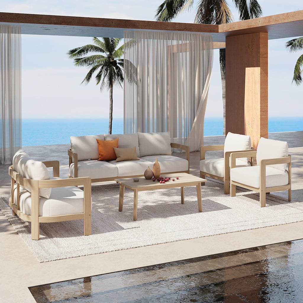5-Piece Outdoor Conversation Set Acacia Wood 3-Seater Sofa Loveseat and Arm Chair with Coffee Table