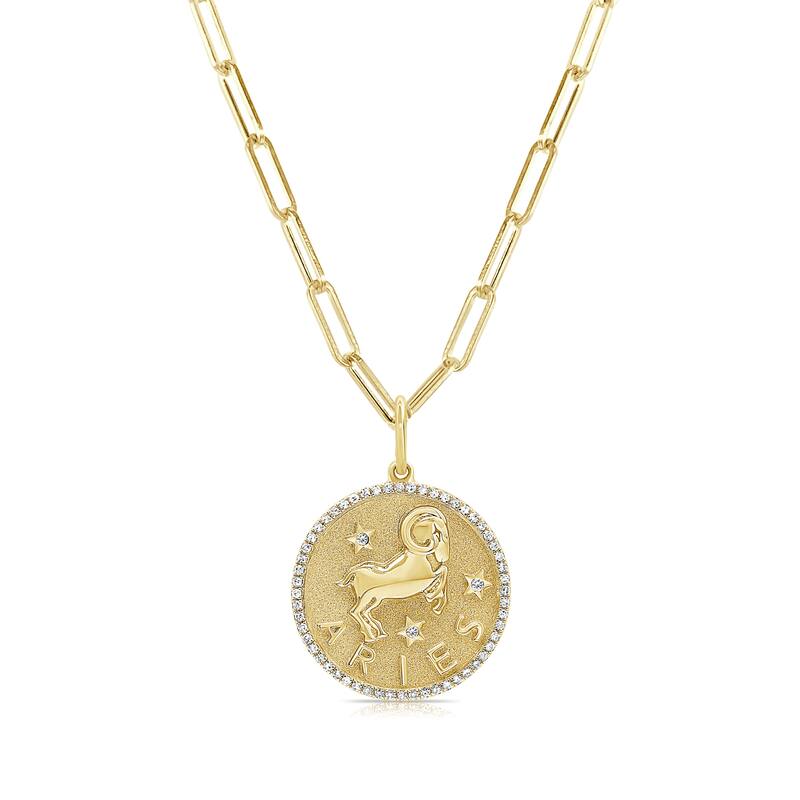 Zodiac Diamond Sign Necklace 14k Gold - Coin Pendant - Yellow Gold Diamond Necklace for Her - Women's Neckace