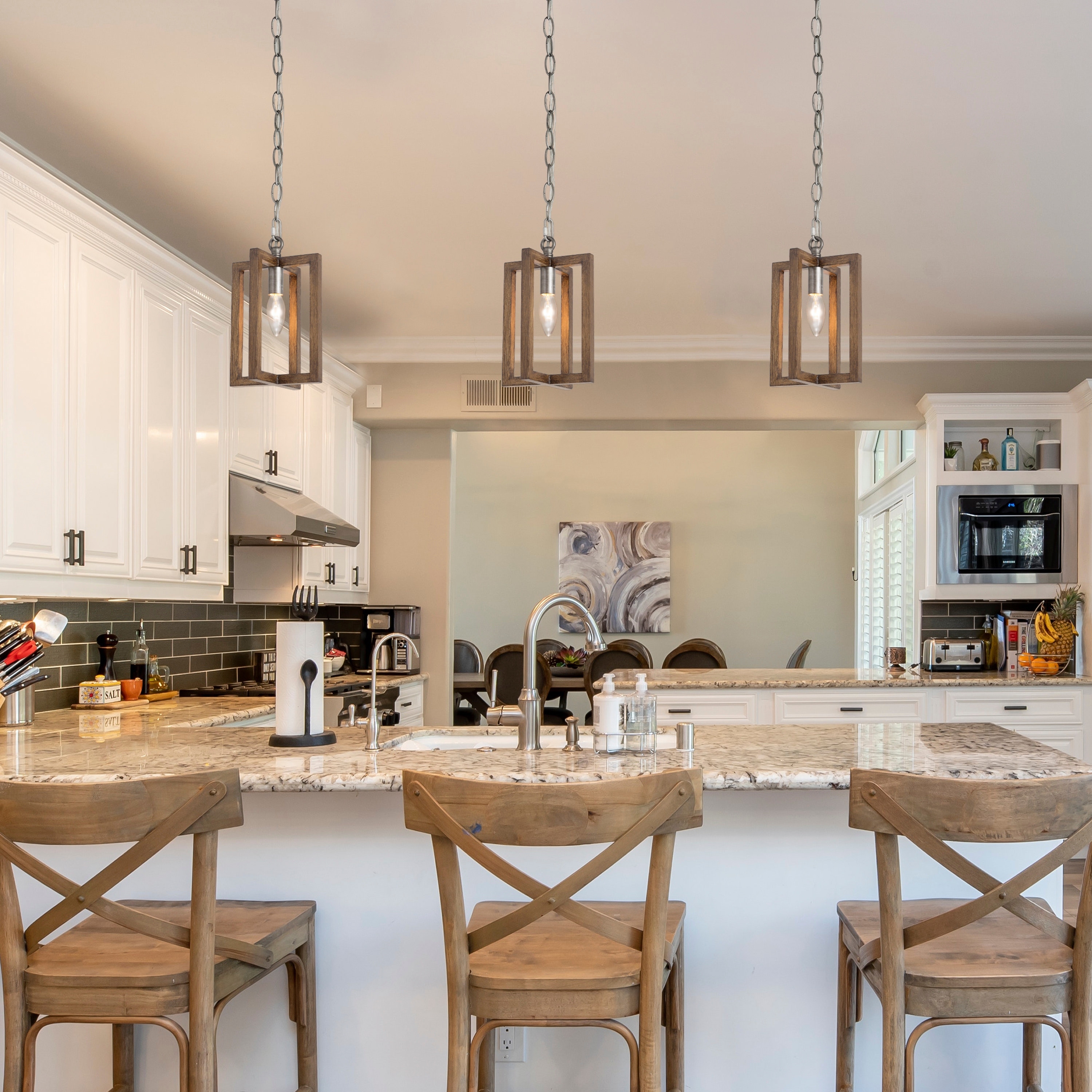 Modern Farmhouse 1 Light Wood Grain Pendant Light for Kitchen Island Dining Room D6.5 x H70