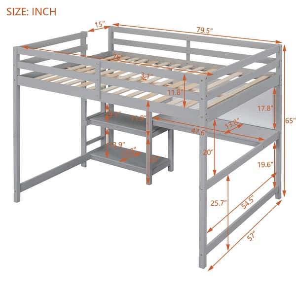 dimension image slide 2 of 4, Wooden Loft Bed with Shelves and Desk