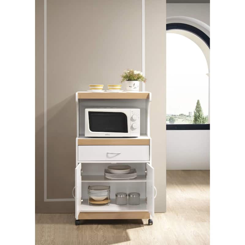 45" White and Beige Solid Microwave Kitchen Cart