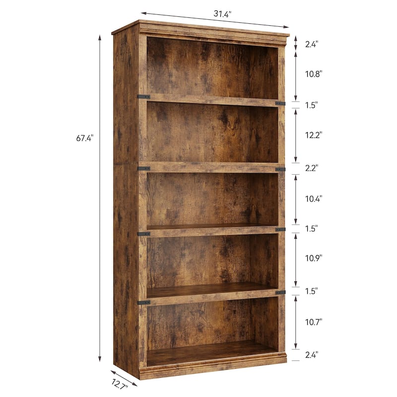 5 Tier Farmhouse Bookcase, 67.4" Tall Book Shelf with Storage, Wooden Bookshelves 5 Shelf