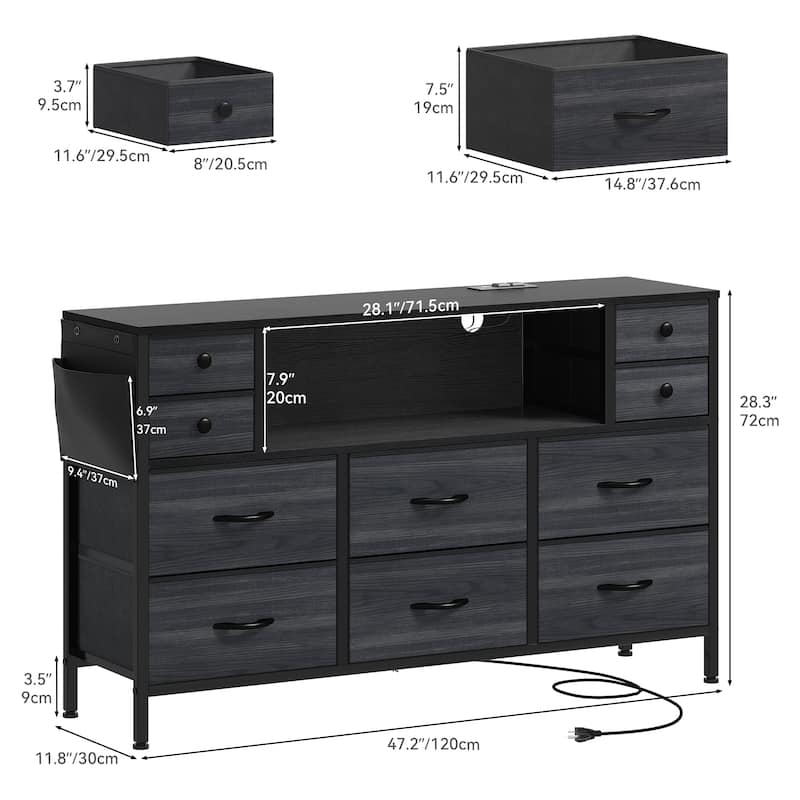Moasis 10-drawer Dresser Media Console with Charging Station, RGB Lights, Side Pockets & Hooks