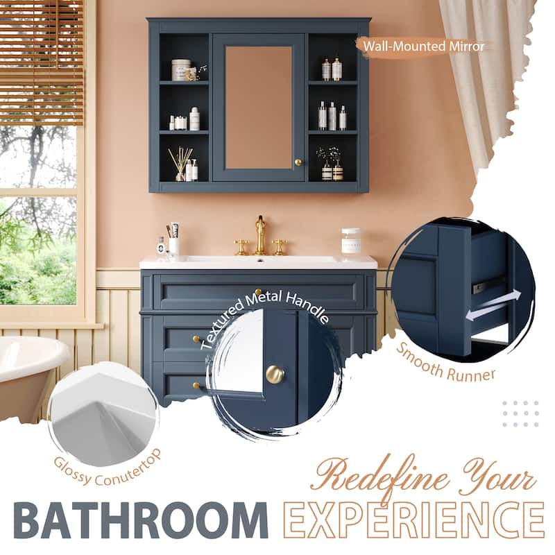 36'' Bathroom Vanity Set with Mirror Cabinet, Modern Bathroom Storage Cabinet with 2 Soft Closing Doors and 4 Drawers