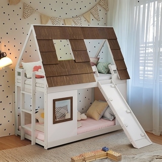 House Bunk Bed with Window Roof Shape Design with Climbing Ramp