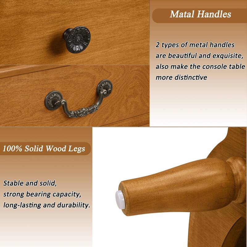 43"Retro Curved Wood Console Table with 3 Drawers and Storage Shelf