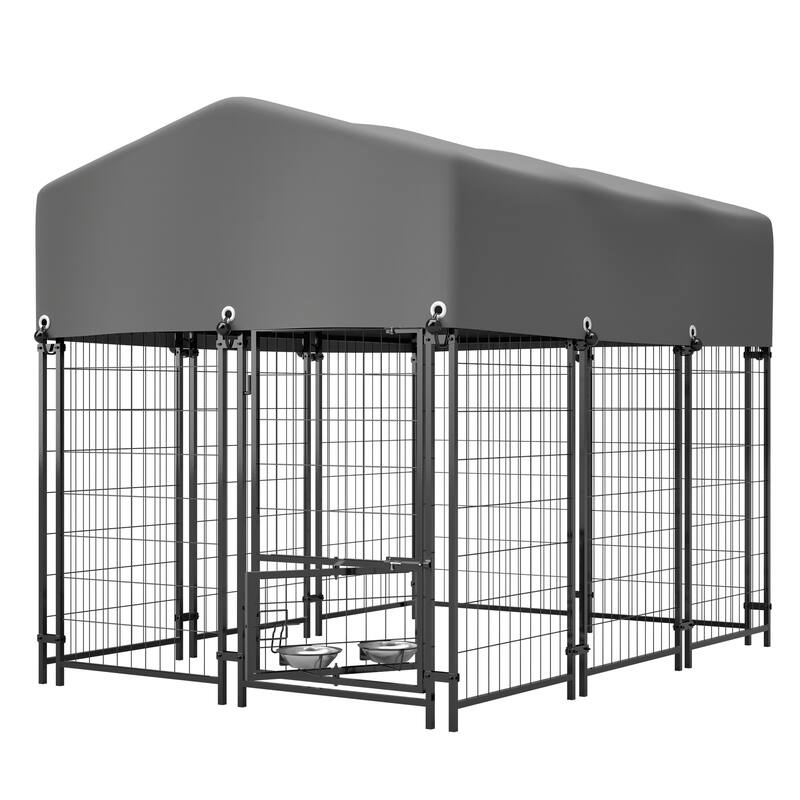 GDFStudio - Large Outdoor Heavy Duty Metal Dog Kennel with Roof, UV-Resistant Waterproof Cover, Double Lock & Rotating Feeder