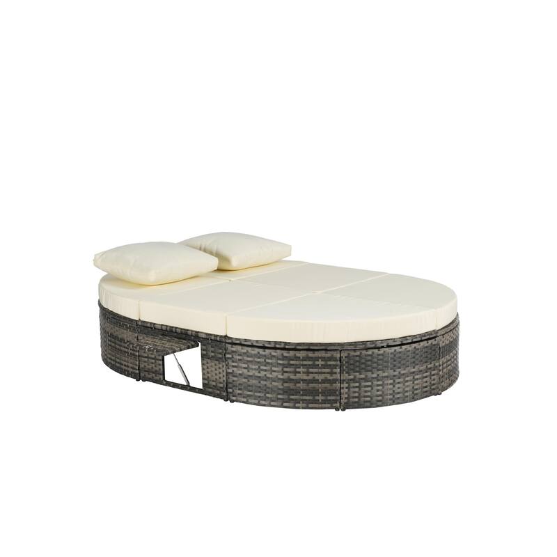 Outdoor Patio Rattan Round Daybed Sunbed with Adjustable Backrests and Foldable Cup Trays