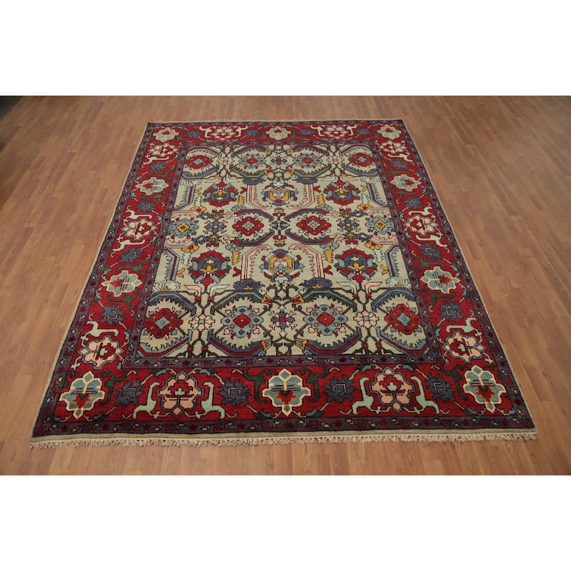 Hand Knotted Oriental 100% Wool Carpet Transitional Geometric Green Oushak Area Rug - 9' 11'' X 7' 11''