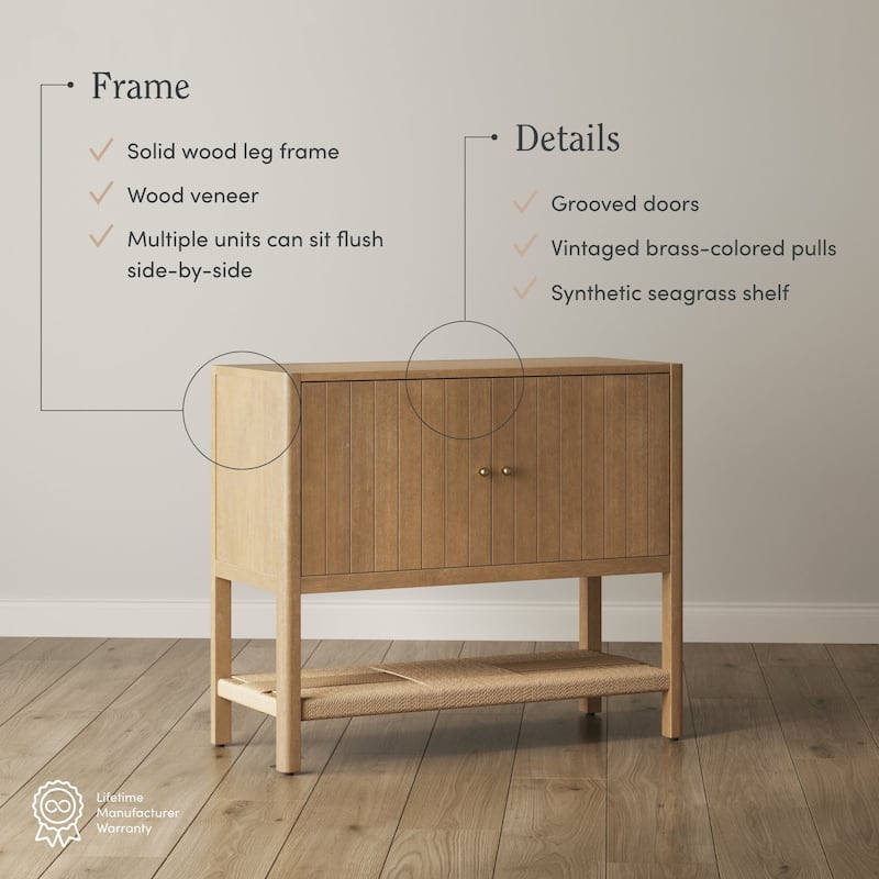 Meads Mid Century Modern Solid Wood Kitchen Cabinet with Adjustable Interior Shelf and Seagrass Bottom Storage