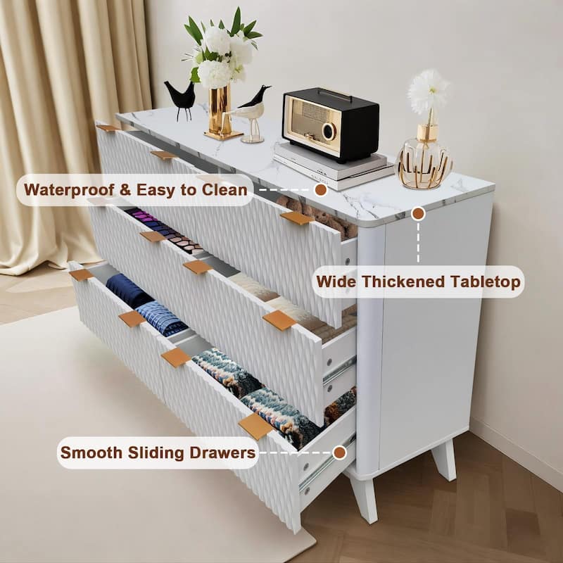 6 Drawer Wood Dresser with Faux Marble Top, 54" Wide Farmhouse Chest, Drip Pattern Design,