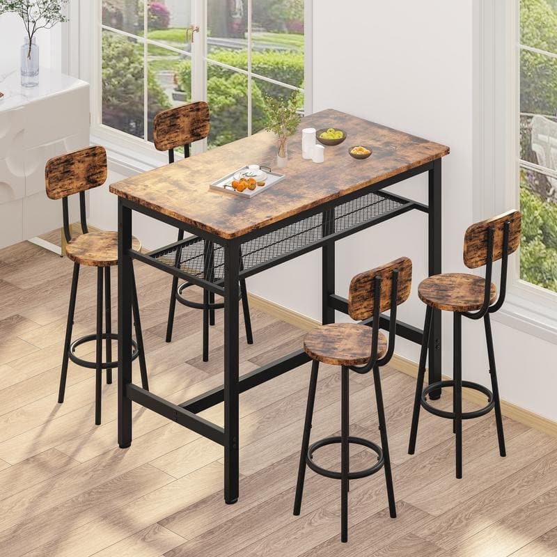 5-Piece Industrial Bar Table Set with Metal Shelf, Dining Set, Counter Height Table & 4 Bar Stools