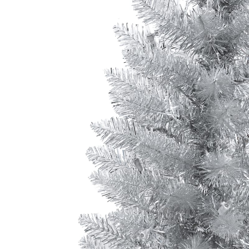 Puleo International 6 ft. Pre-lit Silver Tinsel Pencil Tree