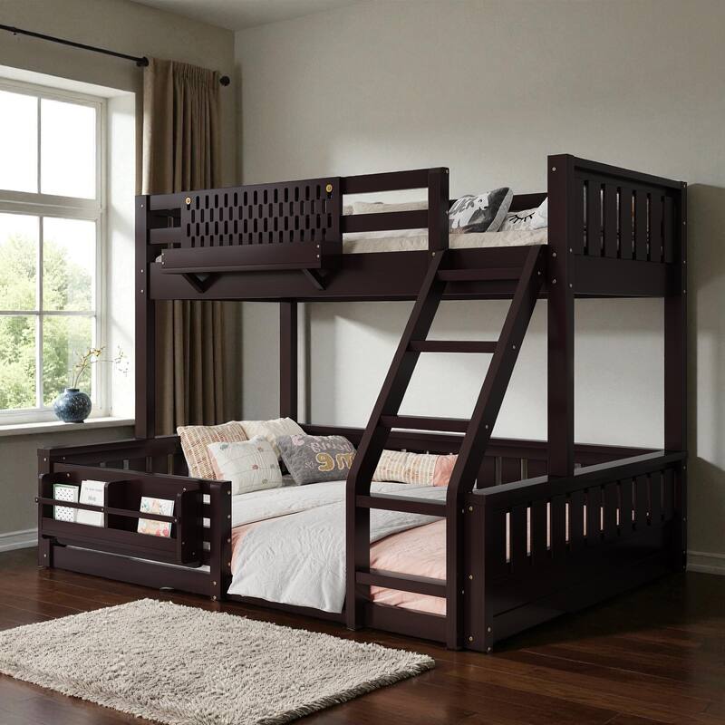 Twin XL over Queen Bunk Bed with Ladder, Guardrails, Pegboard Storage and Built-in Bookshelf, Solid Wood Frame - Espresso - Queen