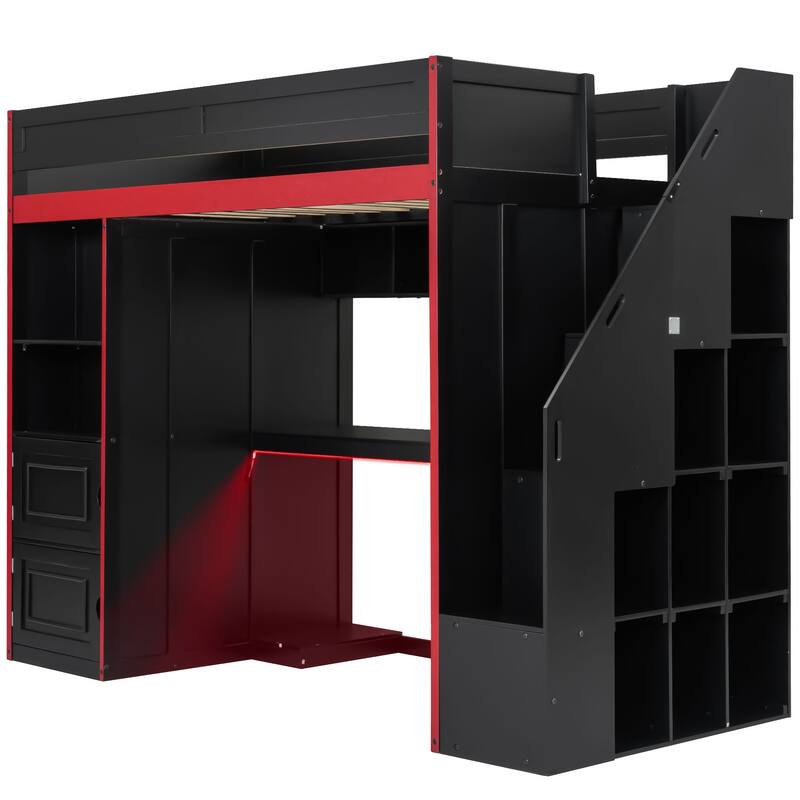 GDFStudio - GameZone Modern Wooden Gaming Loft Bed with Desk, Storage and LED Lighting