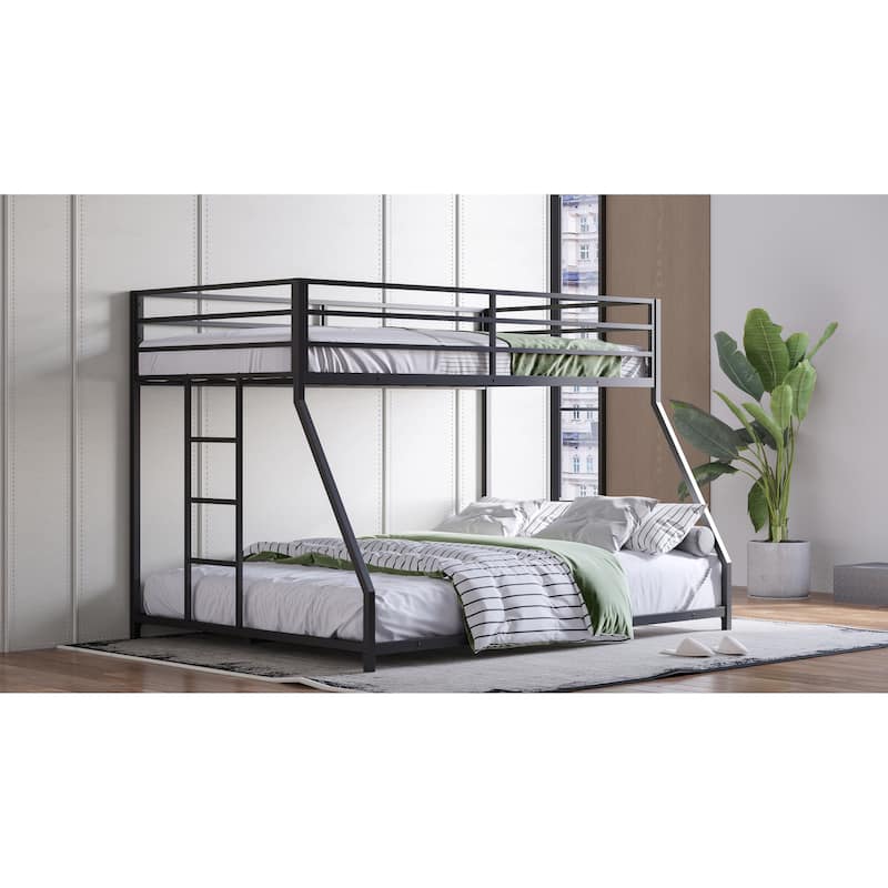 Metal Bunk Bed Frame Black Twin Over Full Size Heavy Duty Bed with Removable Stairs for Teen Adults Teens, No Box Spring Needed