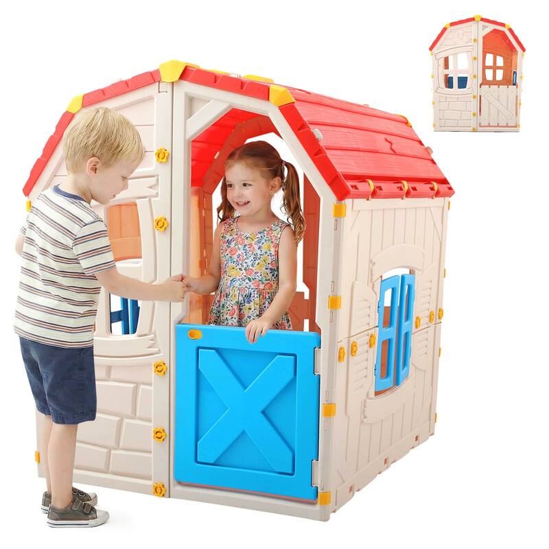 Costway Outdoor Kids Playhouse with Openable Door Windows for Home - See Details - Blue