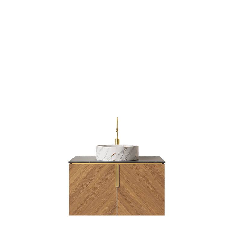 Floating Bathroom Vanity Wall Storage Cabinet with White Round Basin with Stone Patterns and Black Sintered Stone Countertop