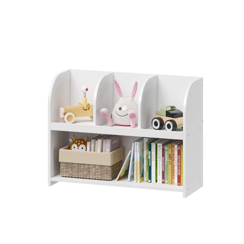 Anmytek 2-Tier Open Shelf Toy Storage Organizer with 3 Cubbies, White Kids Bookshelf for Bedroom Playroom Nursery