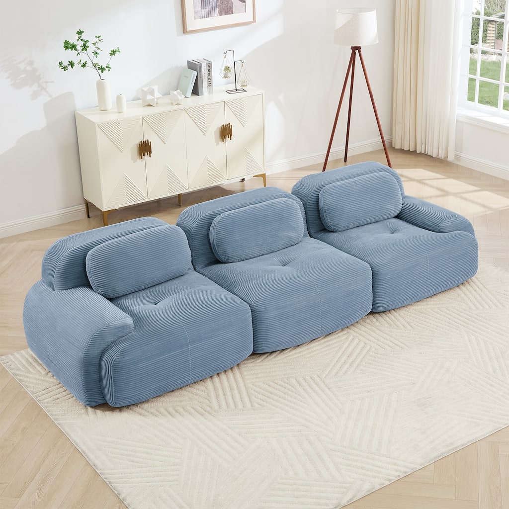 Anmytek Premium Corduroy Modular Sofa 3-Seat Sectional Anti Slip Design Ergonomic Support for Living Room Blue